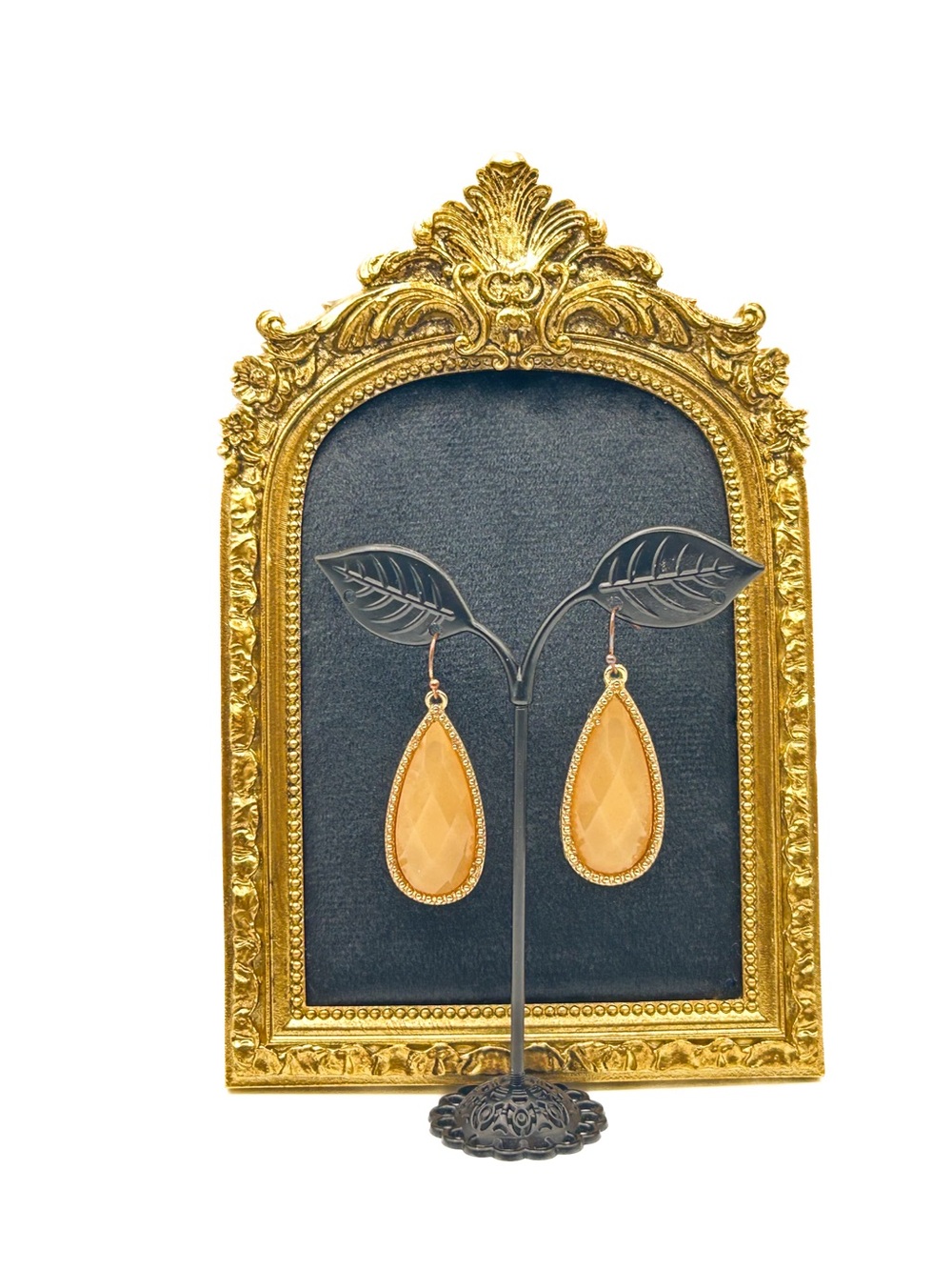 Vintage Stony for Francesca’s Teardrop Dangle Earrings, Faceted Peach Cabochon
